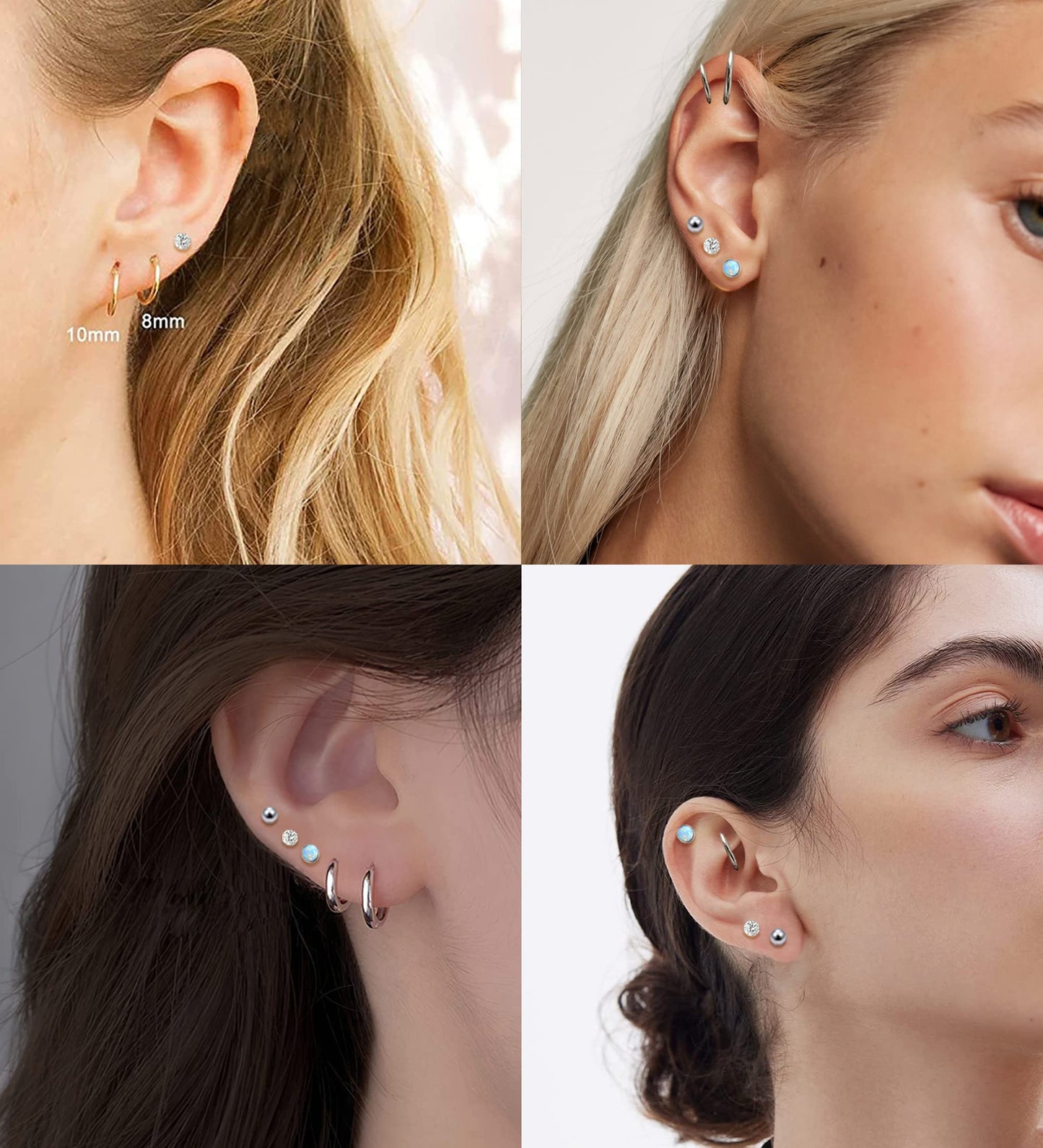 MJust Titanium Earrings for Sensitive Ears 20G Hypoallergenic Stud Hoop Earrings for Women Men Opal Ball CZ Heart Pearl Flat Back Earrings Cartilage Earrings Set