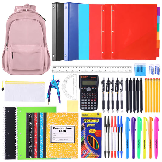 88 Pcs Back to School Supplies Kit with Backpack for High School College Students School Supply Box Essential Learning Tools Supply Box for Senior Students Teachers Includes Calculators (Pink)
