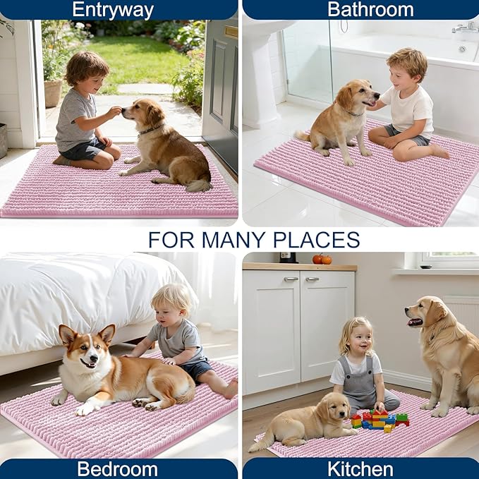 OLANLY Dog Door Mat for Muddy Paws 44x32, Ultra Absorbent Chenille Mud Doormat, Non-Slip Washable and Dirt Trapping Doormat for Indoor Entryway, Quick-Dry Indoor Pet Bed Mats for Dogs, Dusty Rose