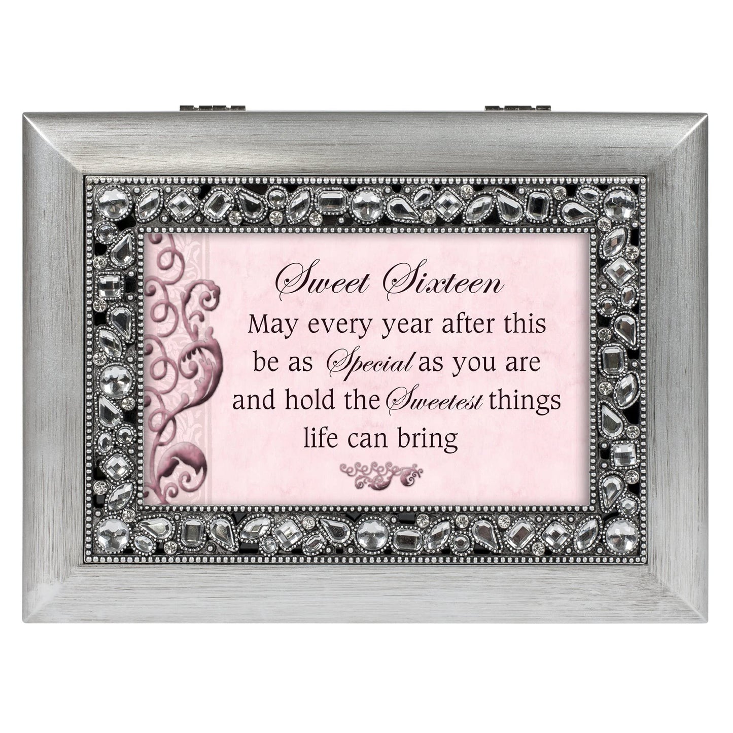Cottage Garden Sweet Sixteen Brushed Silver Jeweled Inlay Jewelry Music Box Plays You Light Up My Life