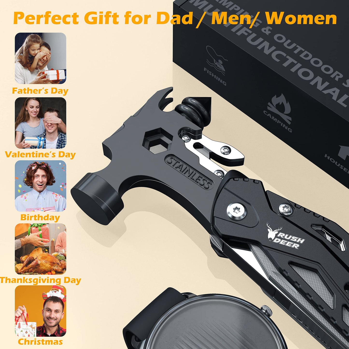 Rush Deer Camping Essentials Multitool,16 in 1 Multi Tool Survival Gear with Hammer, Pliers, Knife, Screwdrivers, Bottle Opener & Car Safety Hammer, for Camping, Hiking, Gift for Dad Him