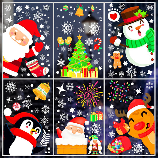 9 Sheets 200+Pcs Christmas Window Stickers Xmas Decals Decorations for Glass Snowflake Santa Claus Reindeer Window Cling Sticker for Holiday