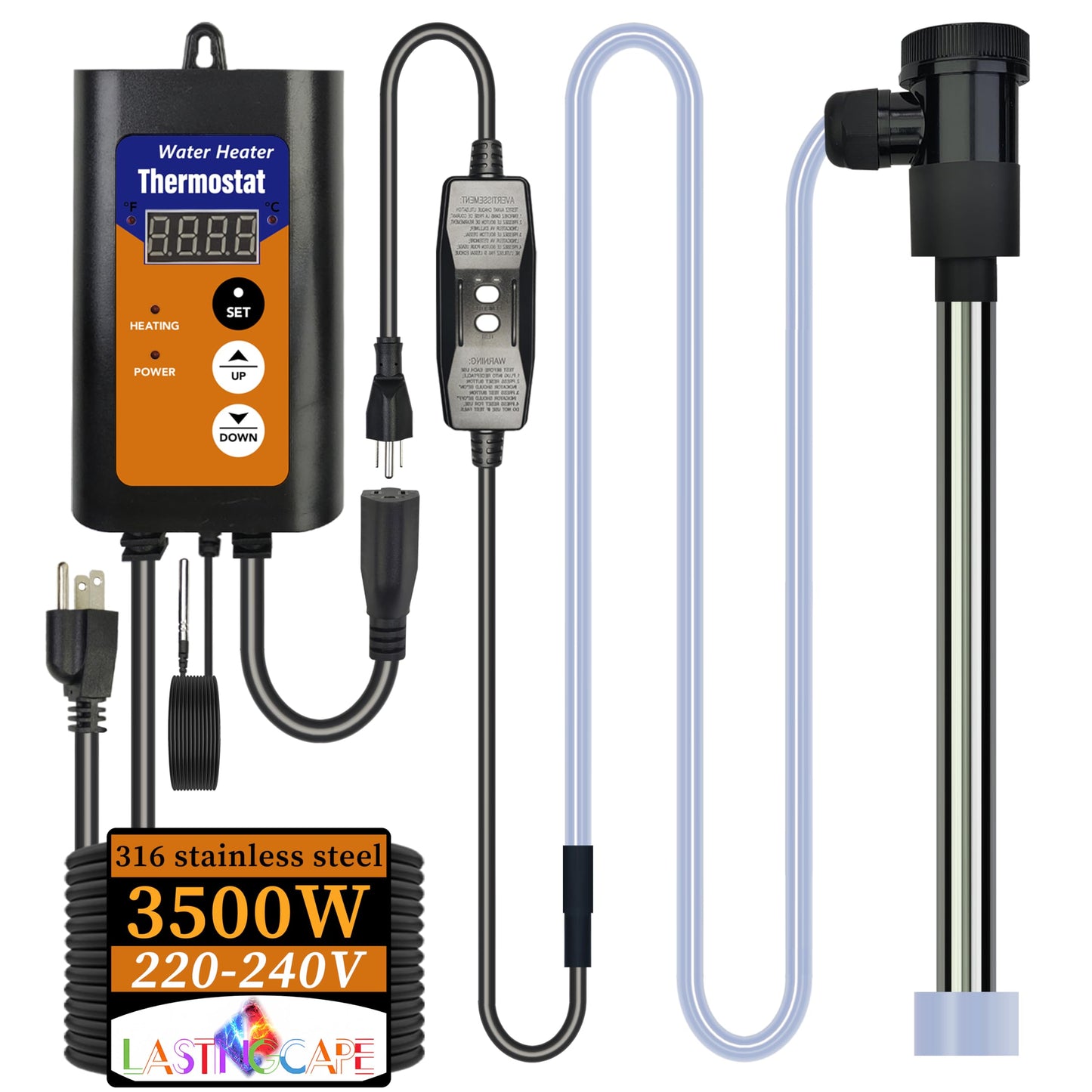LASTINGCAPE 240V 3500W Fully Submersible Portable Electric Hot Tub & Pool immersion Water Heater with Thermostat, GFCI plug for spa tub, Baptismal pool, inflatable pool,above ground pool and Bathtubs
