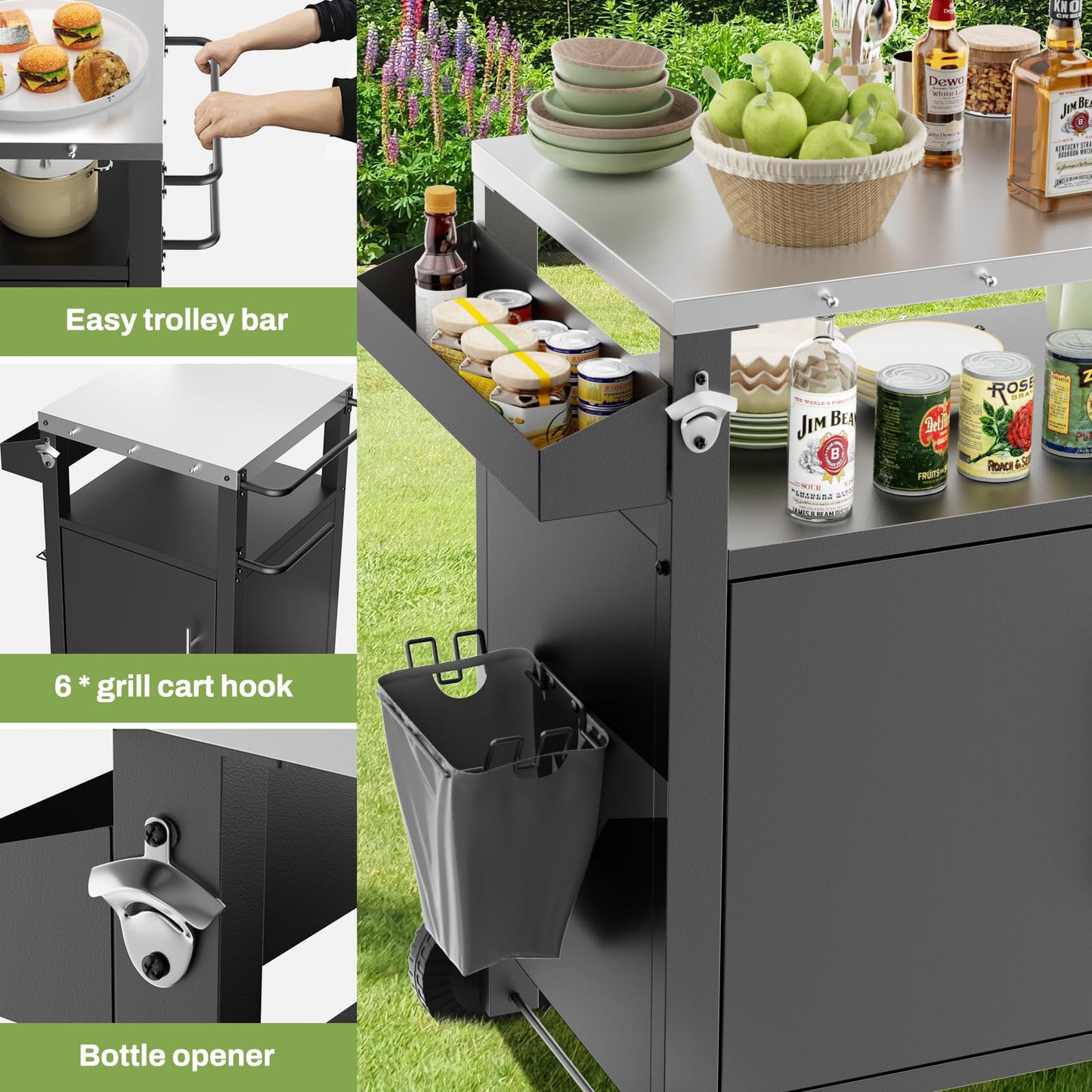 KEIKI Outdoor Grill Cart with Storage and Wheels, Rolling BBQ Prep Table with Spice Rack, Hooks, and Side Handles, Black Metal Bar Cart for Patio Kitchen and Grilling Accessories