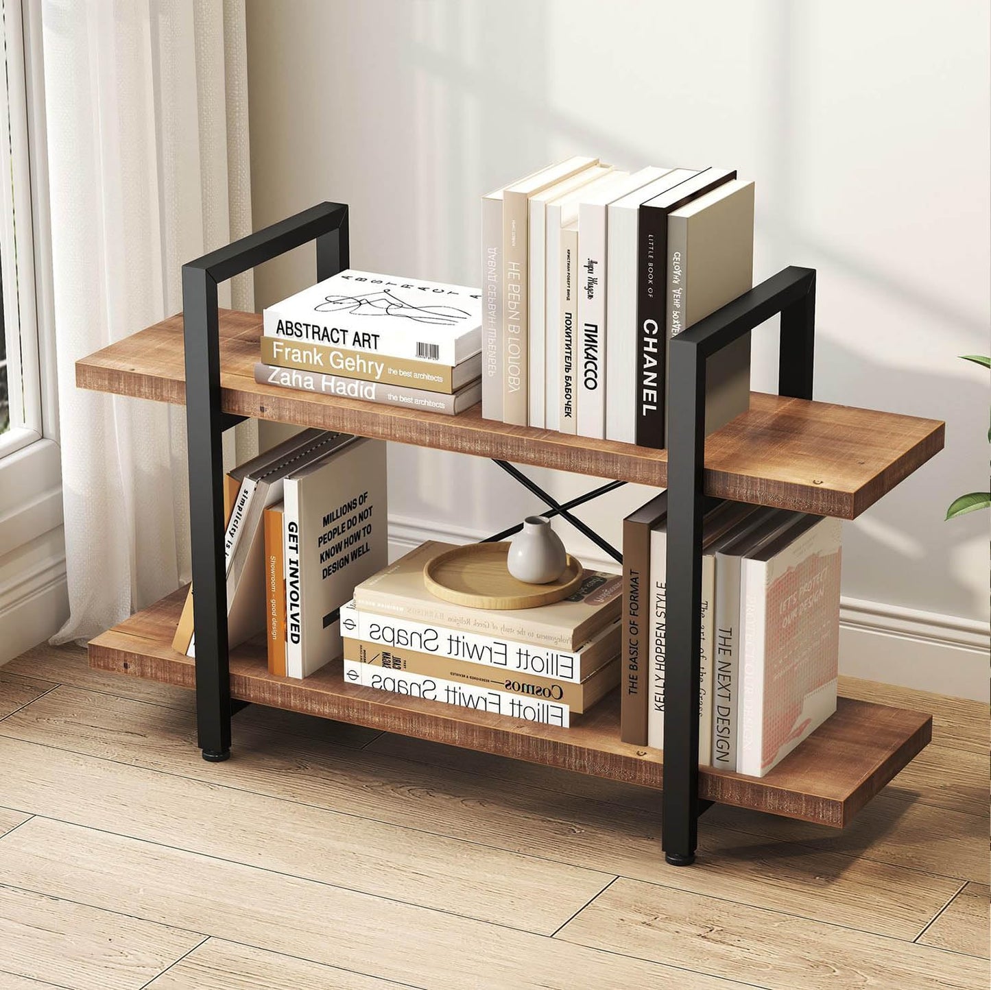 HSH Natural Real Wood Bookshelf, 2 Tier Small Rustic Vintage Industrial Etagere Bookcase, Low Open Metal Farmhouse Solid Wooden Book Shelf, 2 Shelf Bookcase for Living Room Bedroom, Distressed Brown