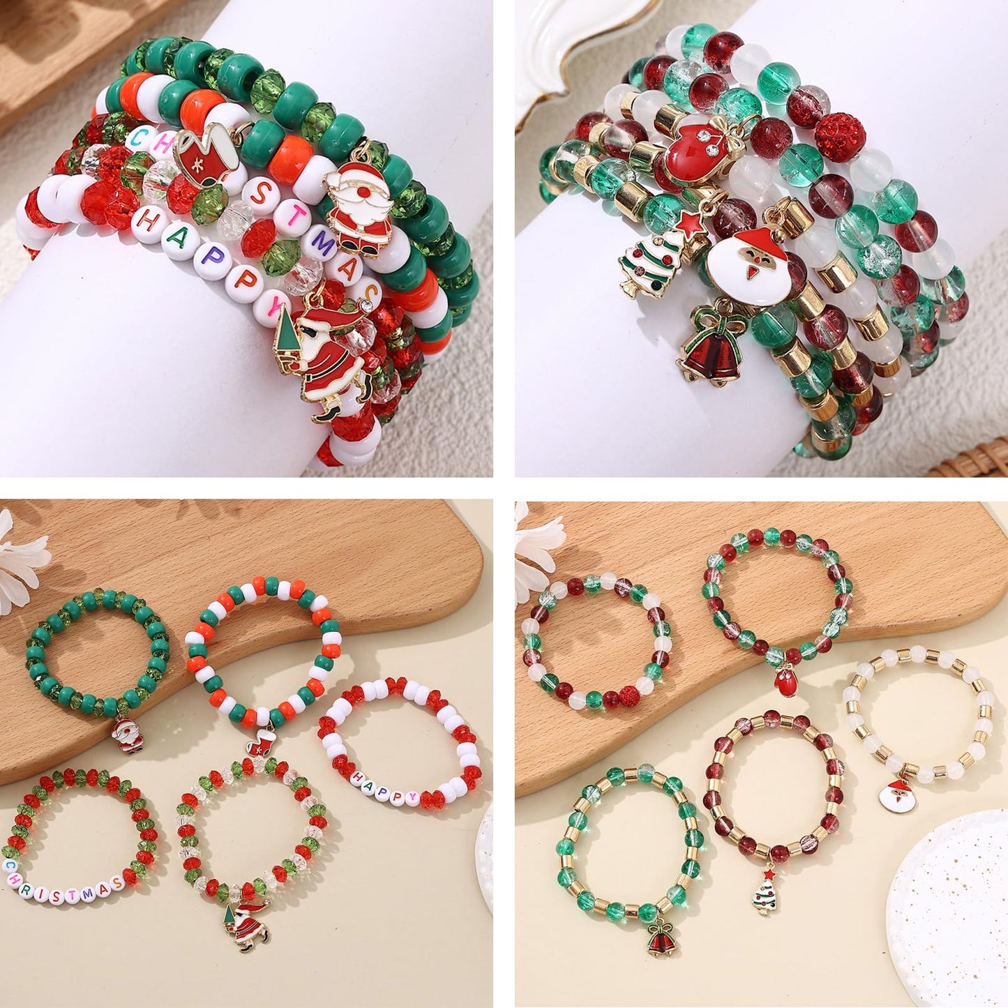 Cooluckday 36Pcs Christmas Bracelets Bulk Christmas Gifts for Women Friendship Bracelets Xmas Snowflake Snowman Bell Santa Claus Bracelets Stretch Bracelets as Party Gifts Bag Filler