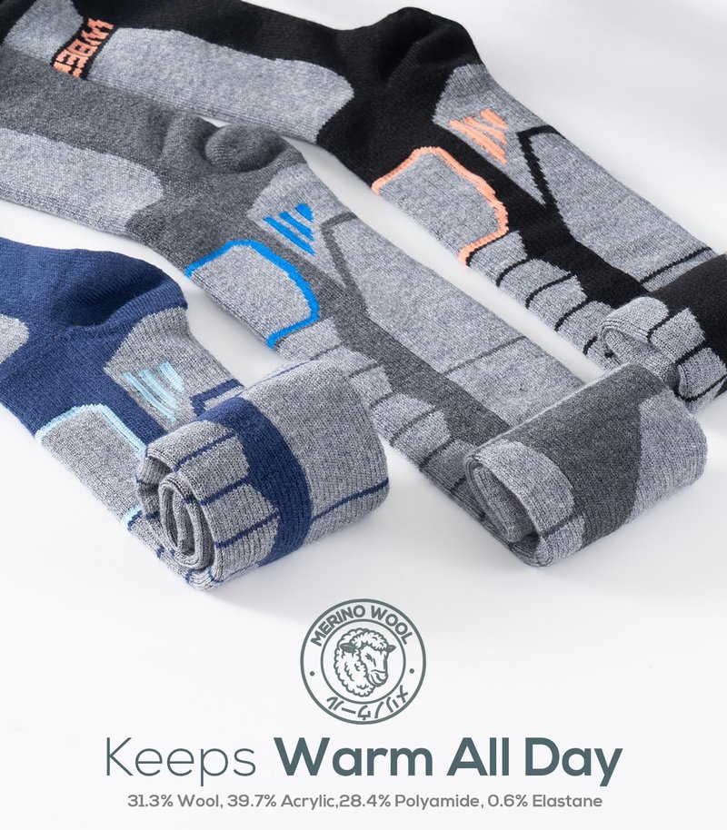 WEIERYA Ski Sock Merino Wool Ski Socks Mens Womens Skiing & Snowboarding Socks, Over The Calf (US, Alpha, Large, Regular, Regular, 2, Blue)