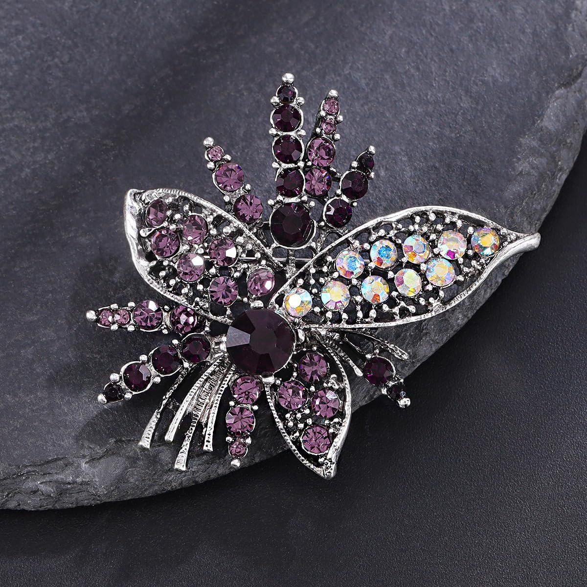Rhinestone Sunflower Brooch Pin for Women Red Black Purple Large Flower Broochs Snowflake Brooch Marquise Wreath Brooches Jewelry (Purple brooch E)