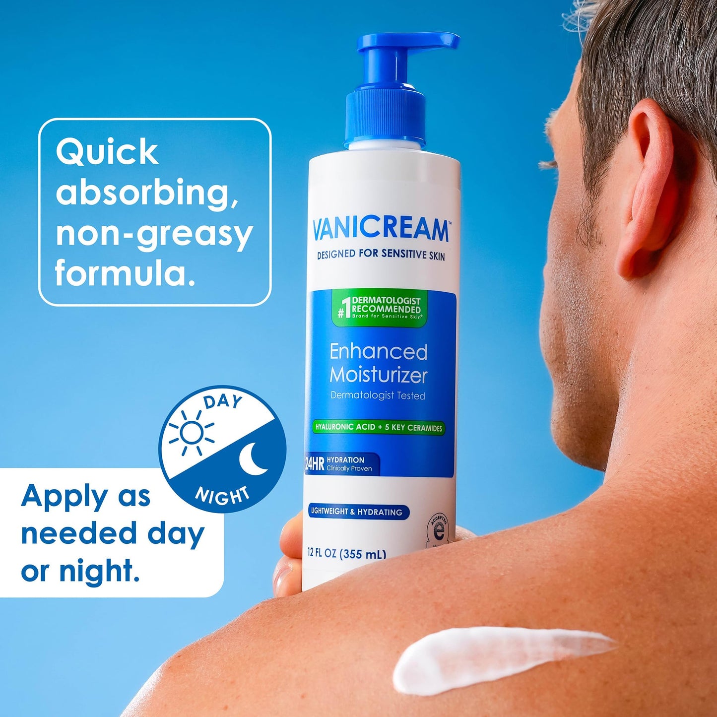 Vanicream Enhanced Moisturizer, 12 Fl Oz, Daily Body Lotion for Dry, Sensitive Skin, Clinically Tested 24Hr Hydration with Hyaluronic Acid, Glycerin & Ceramides, Formulated without Common Irritants