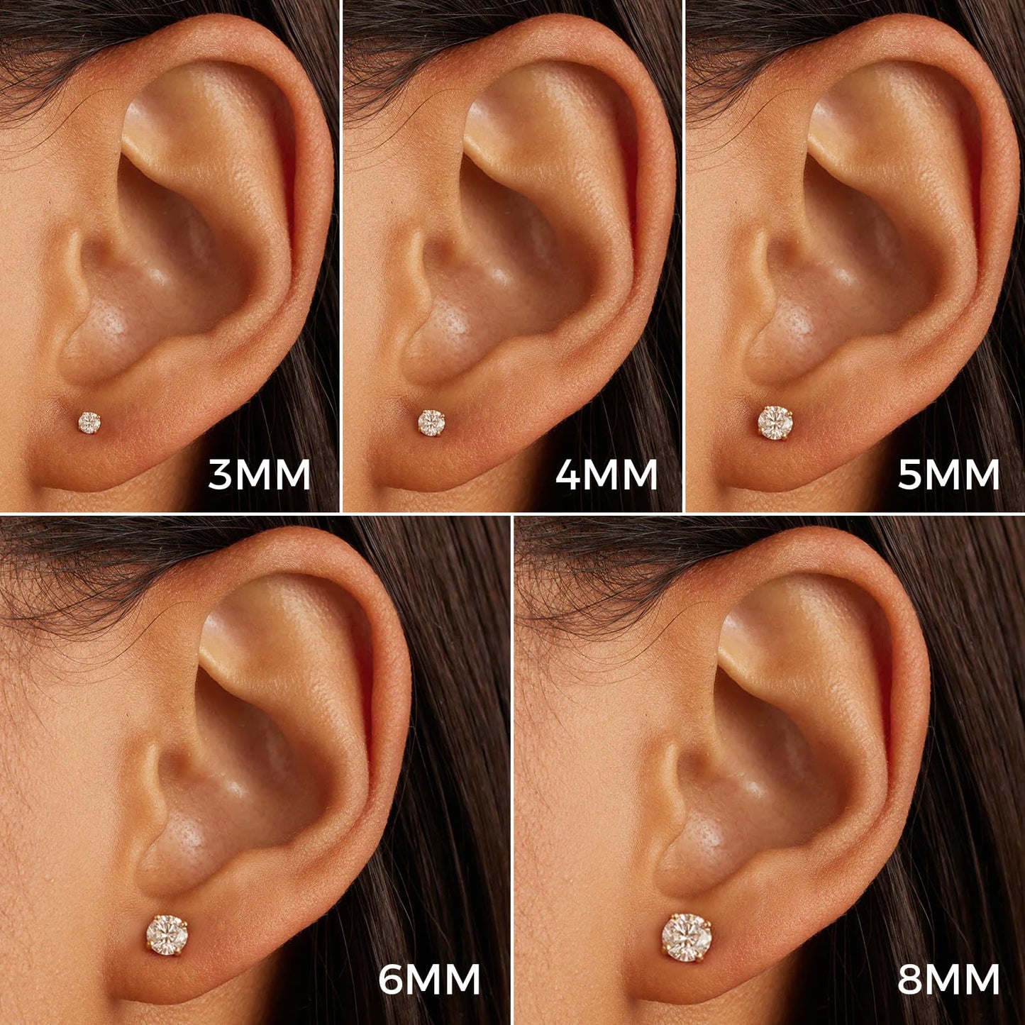 Hypoallergenic Threadless Flat Back Earrings,1 Pairs Cartilage Stud for Women Men Titanium Post 20G None Screw Easy Push in Gold Black Stainless Steel Flatback with CZ 3-7mm (Gold+Clear CZ, 6mm)