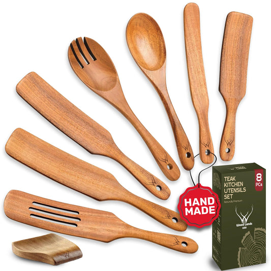8PCS Wooden Spurtle Set for Cooking – Handmade Premium Wooden Spatula & Turner Set, Nonstick Friendly Flat Frying Utensils with Long Comfortable Handles, Durable Natural Wood Kitchen Tools