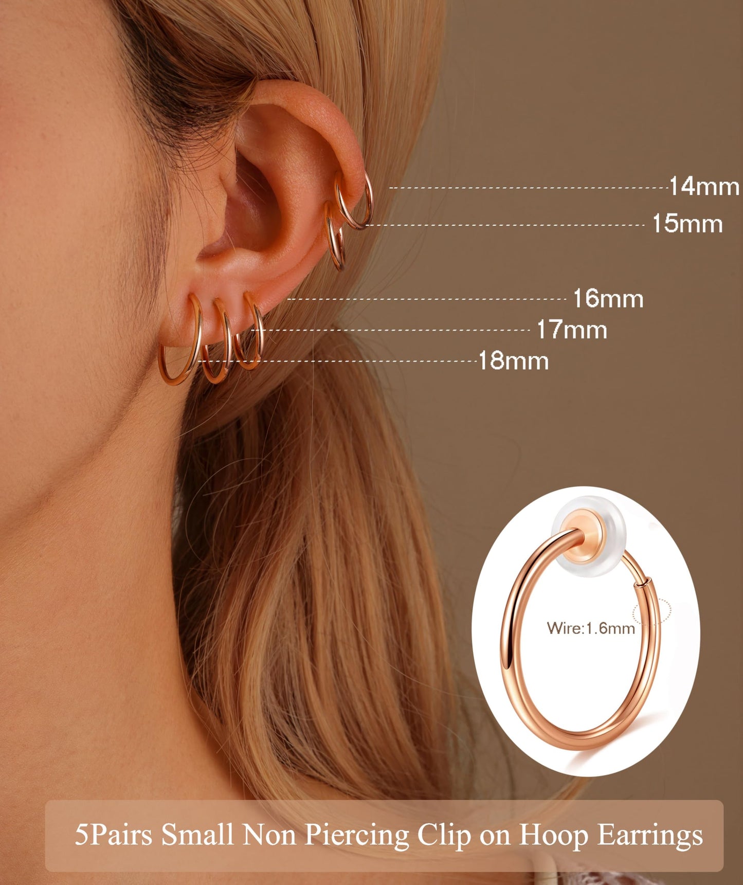 PLOMFOV Clip On Hoop Earrings for Women Small Rose Gold Plated Clip On Earrings Women Fake Hoop Earrings Non Pierced Earrings 14mm-18mm