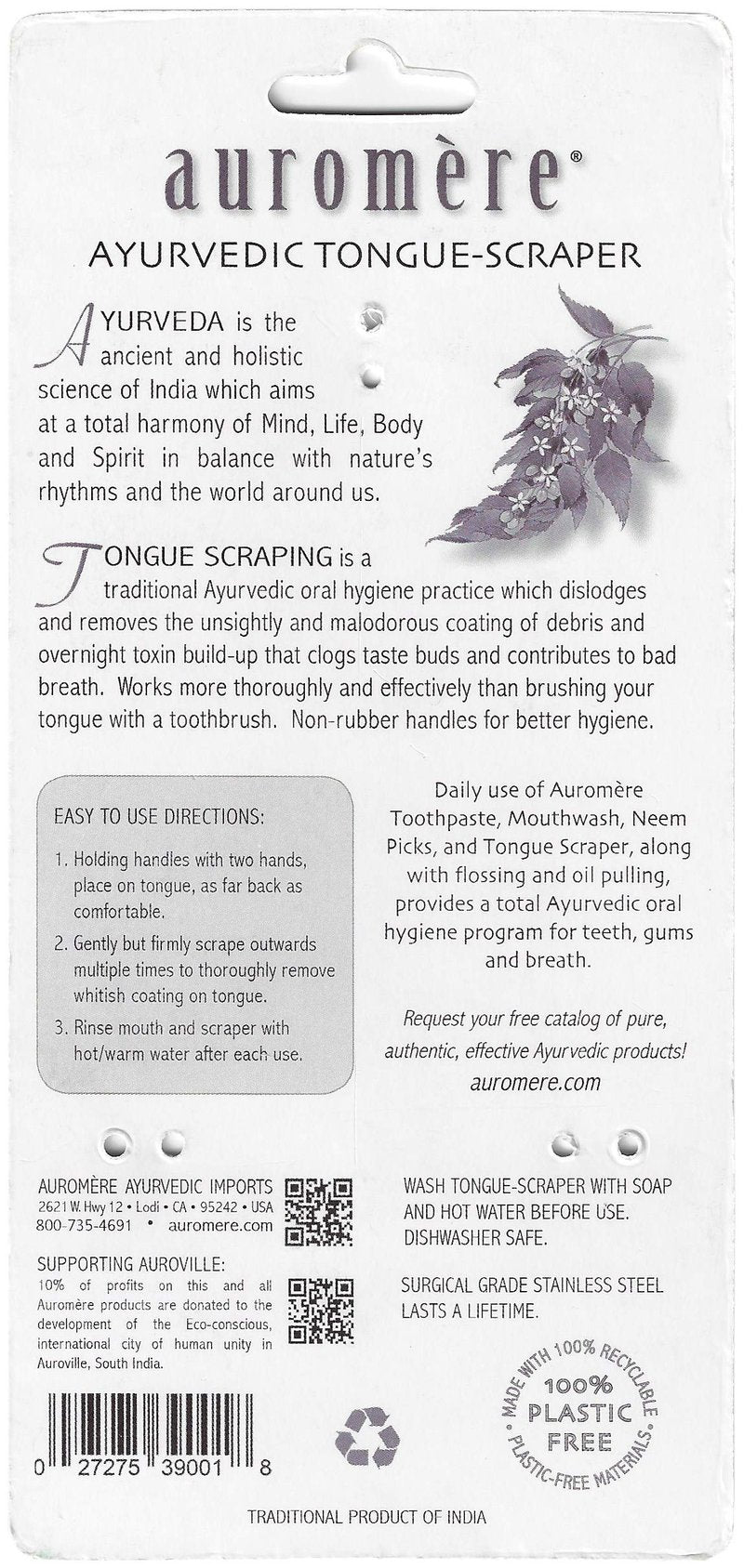 Auromere Tongue Cleaner, Ancient Oral Hygiene, Eco Friendly, Zero Waste, Stainless Steel, Eliminate Bad Breath (3 Pack)