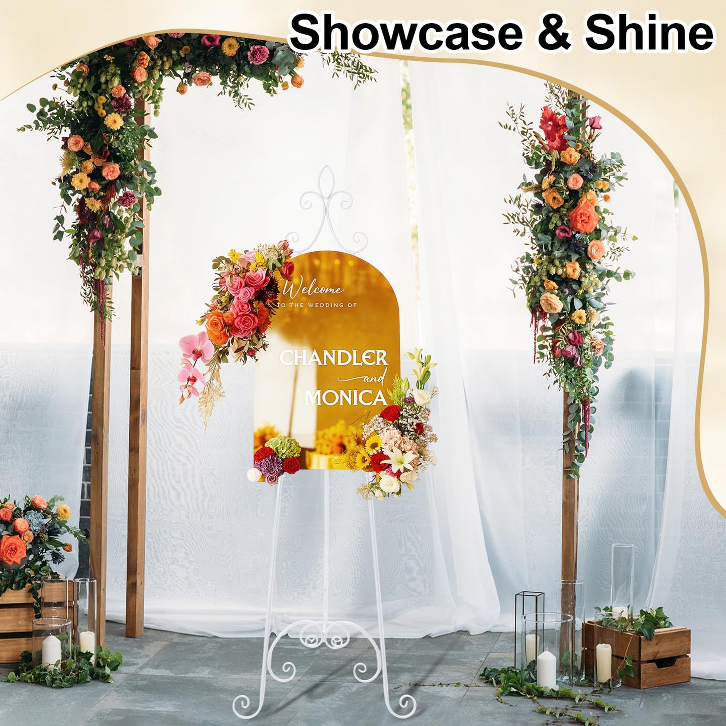 Tosstuki White Easel Stand for Sign Adjustable Wedding Welcome Sign Stand Metal Floor Easel with Chain Support for Wedding Poster Photo Art Pictures Painting Display (61 Inch)