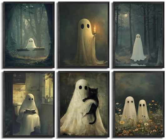 6Pcs Vintage Halloween Ghost Wall art Victorian Gothic Cute Candle Ghost Painting Picture Wall Decor Retro Horror Creepy Dark Academia Poster Print Artwork for Halloween Party Home Decoration