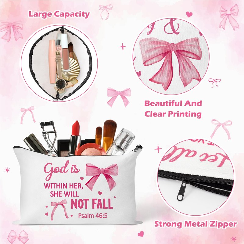 Y1tvei Bow Bible Cosmetic Bags - 30Pcs Pink Coquette Mini Bible Verse Makeup Bag with Zipper, White Canvas Large Capacity Cosmetic Bags Set Gifts Bulk for Women Girls Inspirational Church Party Favors
