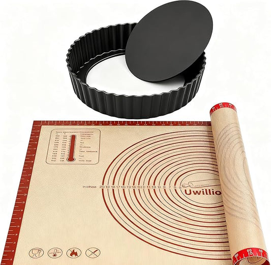 9.5 Inch Tart Pan with Removable Bottom & Non-stick Baking Mat Set – Carbon Steel Deep Tart Pan with 2.2 Inch Depth + Silicone Pastry Mat with Measurements, Perfect for Baking Pies, Tarts & Quiches