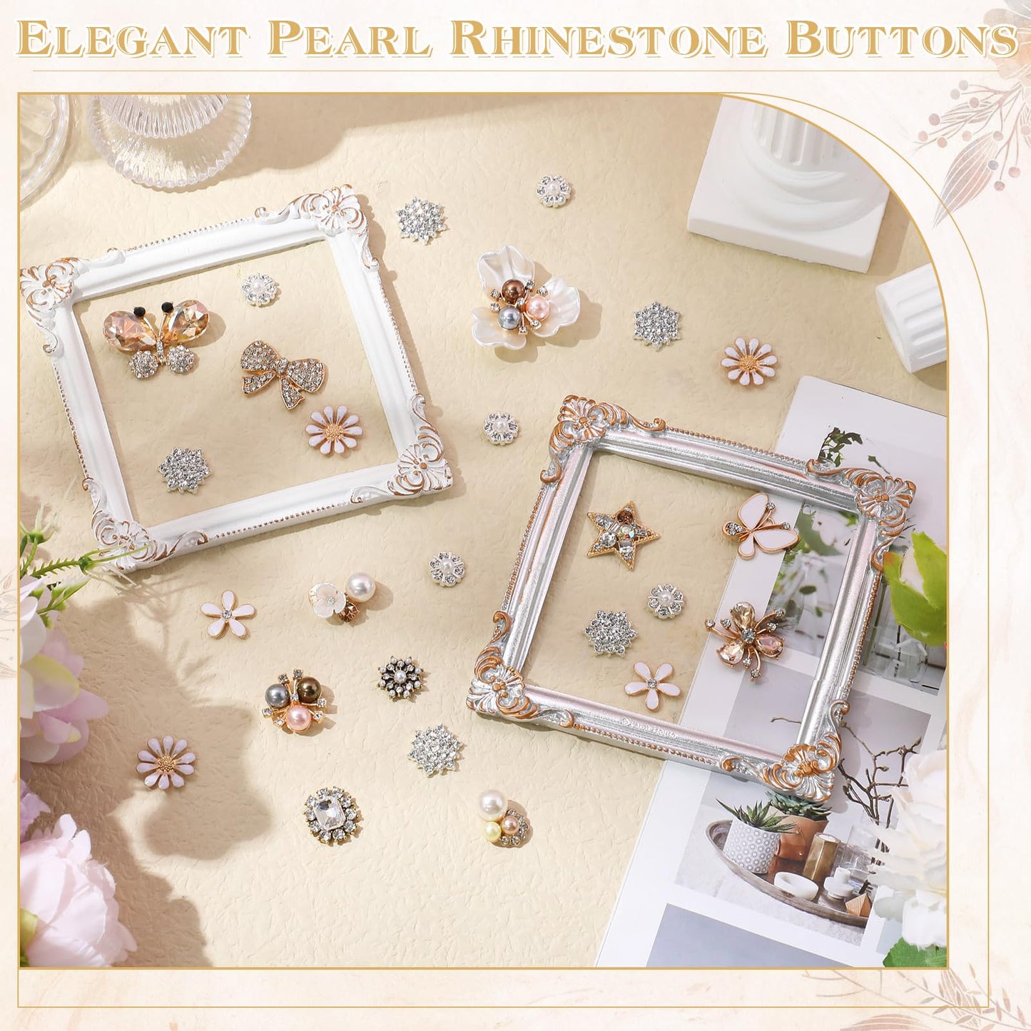 Liliaafar 60 Pcs Rhinestone Buttons Faux Pearl Embellishments Flat Back Flower Rhinestone Butterfly Buttons for Clothing Jewelry Making DIY Decoration Sewing Crafts Bag Shoes Women Wedding Bridal