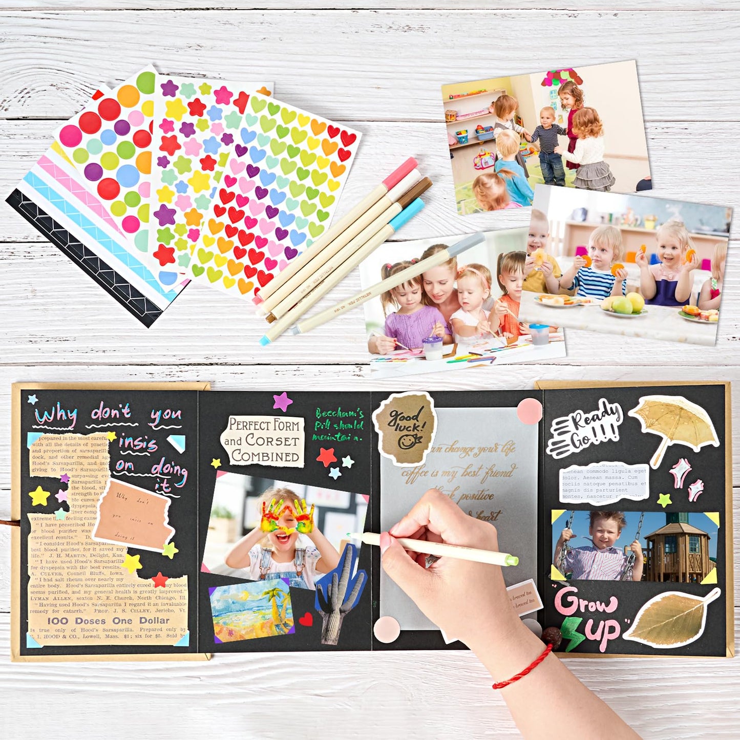 Mauproy 6 x 8 Inch Small Scrapbook Album with Black Pages, Stretchable Folding Photo Album with DIY Accessories Kit, Hardcover Memory Book Accordion Adventure Scrapbook