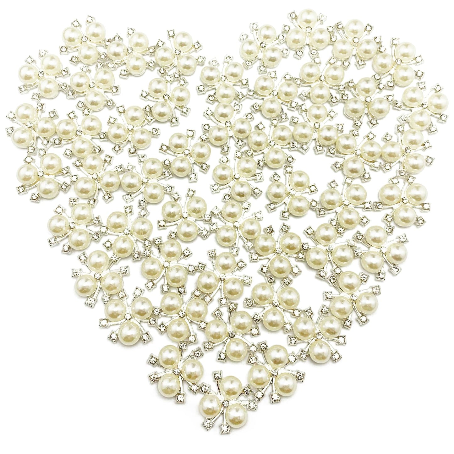 BETITETO 50Pcs Pearl Rhinestone Charms Buttons Embellishments Bulk Flatback for Shoe Decoration Jewelry Making Clothes Brooch Headbands and Wedding Flower Bouquet Crafts DIY (#1 Silver Alloy)