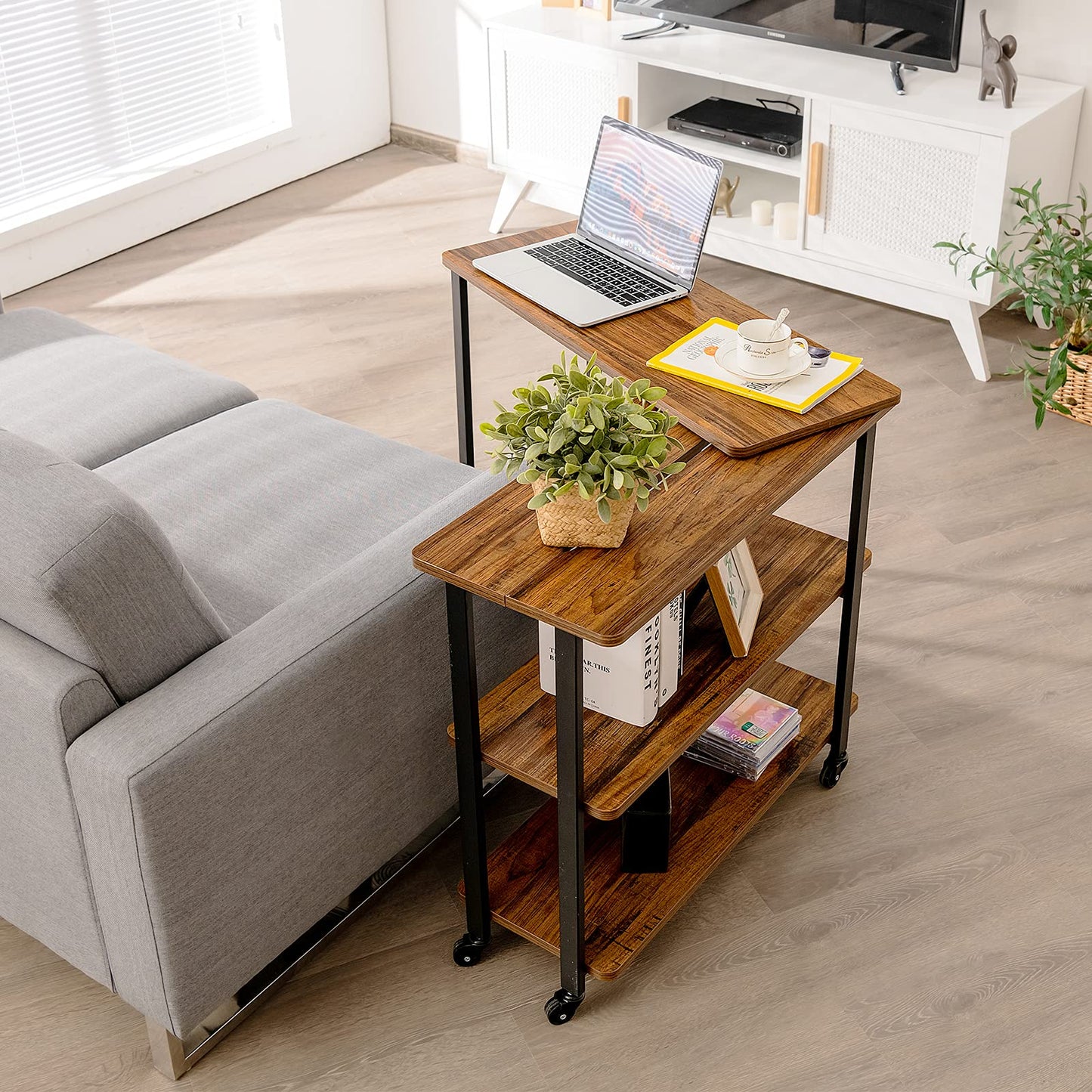 Tangkula 360° Free Rotating Sofa Side Table, Patented Mobile Couch Desk with 2-Tier Storage Shelves, Movable Laptop Desk with Sturdy Metal Frame, Couch Table Snack Table for Home Office (Brown)