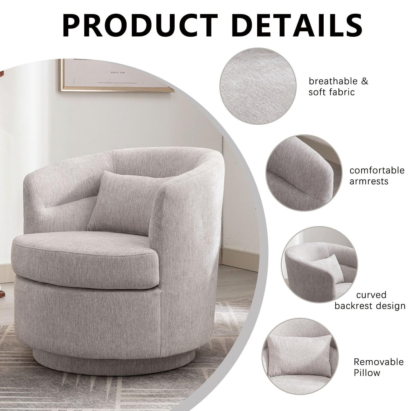 CANMOV Swivel Accent Chair, 360 Degree Round Swivel Barrel Chair with Pillow, Upholstered Comfy Barrel Armchair Single Club Sofa Chair for Living Room,Bedroom, Reading Room, Grey