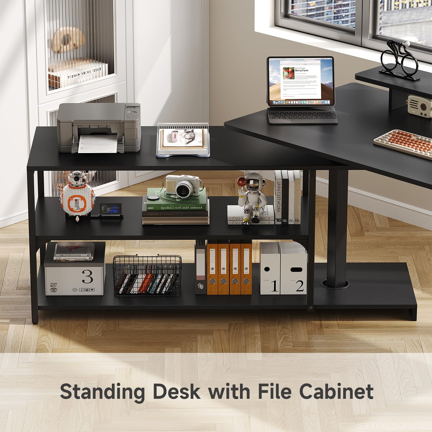 Lefurture Standing Desk with File Cabinet, 63x24'' L Shaped Electric Stand Up Desk with Adjustable Monitor Shelf, Adjustable Height 28-46'' for Home and Computer Workstation, Black