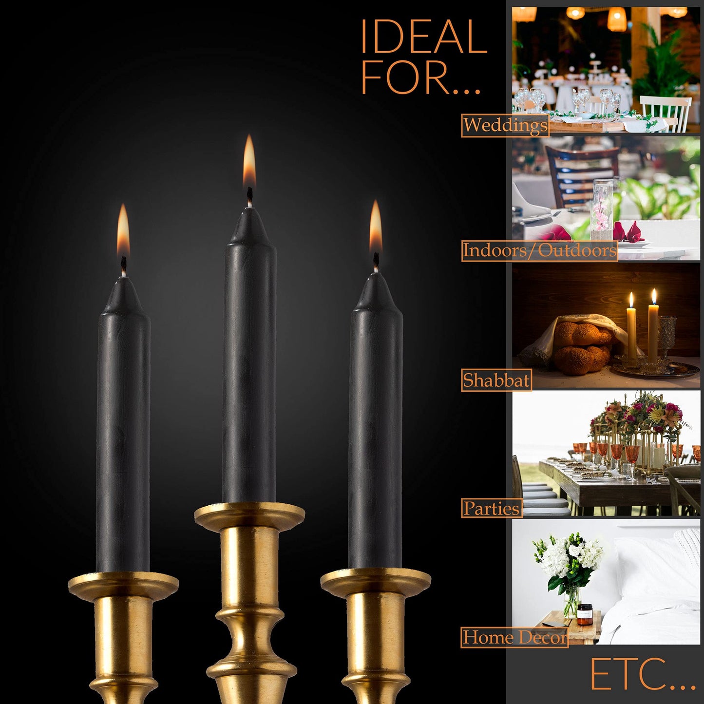 Straight Black Candlesticks - Pack of 8 6" Coated Black Candles - 5 Hour Long Burning Unscented Candles for Halloween, Chime, Wedding, and Home Decoration