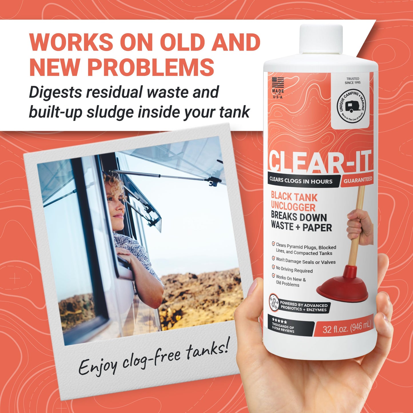 Unique Clear-It RV Black Tank Unclogger Liquid – Breaks Through Pyramid Plugs, Compacted Tanks & Clogged Pipes Without Messy Tools (32 oz) Amazon-Exclusive Packaging