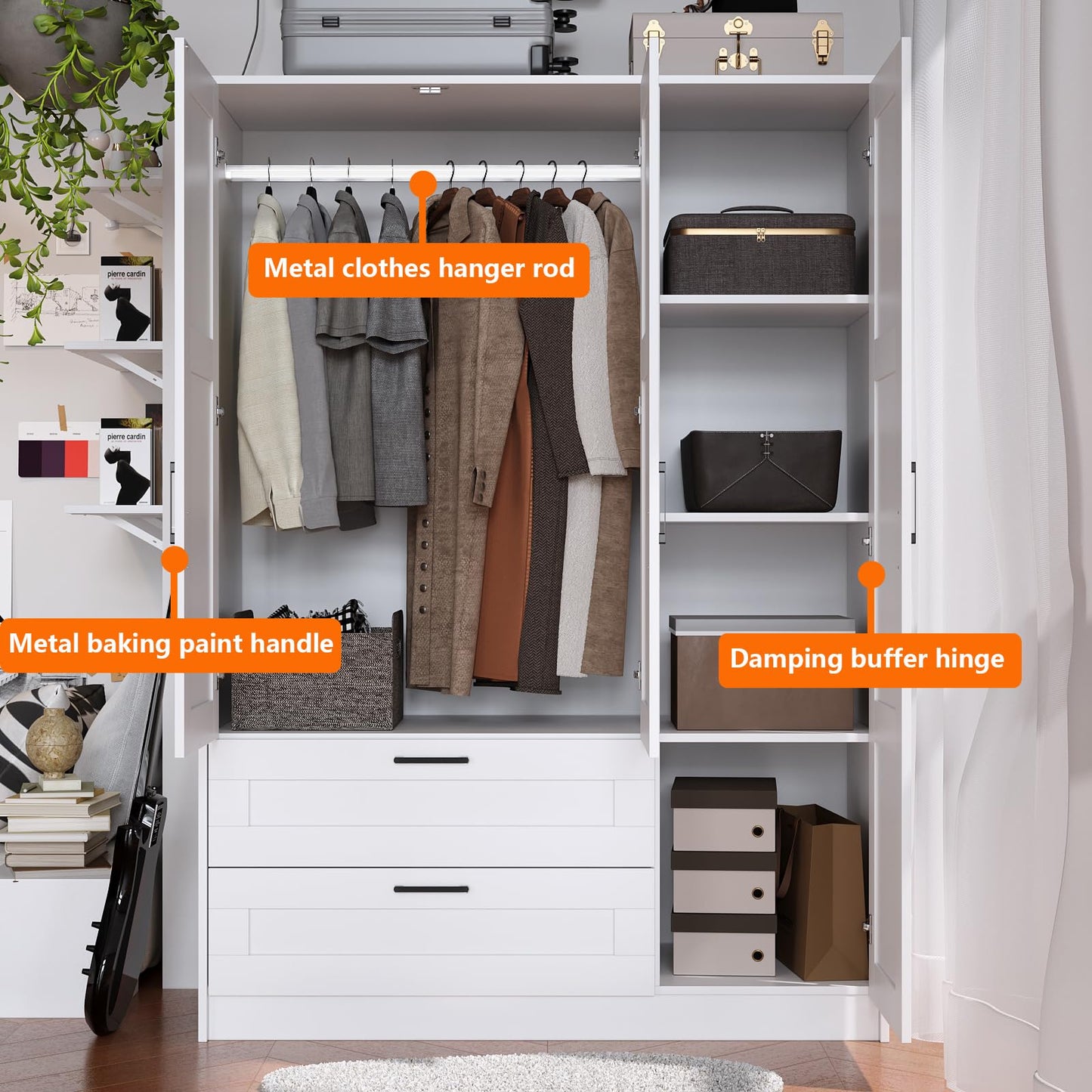 3 Doors Wooden Wardrobe Closet Armoire, White Storage Cabinet for Hanging Clothes, Bedroom Large Capacity Freestanding Armoire,Wood Wardrobe Combination with Shelves (2drawer, White)