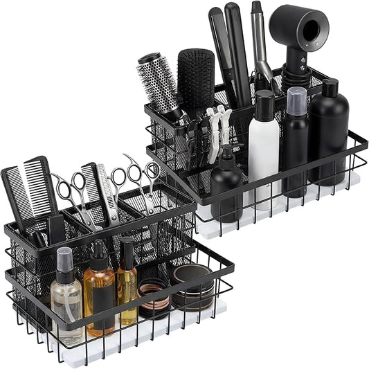 AceOrbit 2 Pcs 1pcs Hair Tool Organizer Countertop Breathable Metal Bamboo Hot Tools Vanity Organizer Under Sink Bathroom Hair Dryer Holder Countertop Brush Comb Holder Tray (White Bamboo,Black)