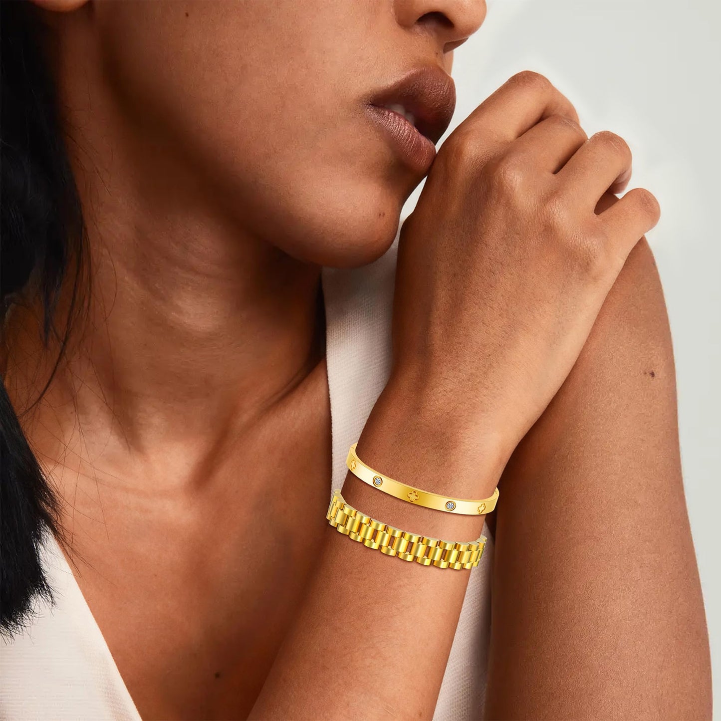2PCS Gold Chain Link Watch Bracelet Set,18K Gold Plated Stackable Bracelets for Women,Stainless Steel Jewelry with Adjustable Tool, Non-Tarnish Friendship Love Bracelet Gift for Her. (2pcs-C Gold)