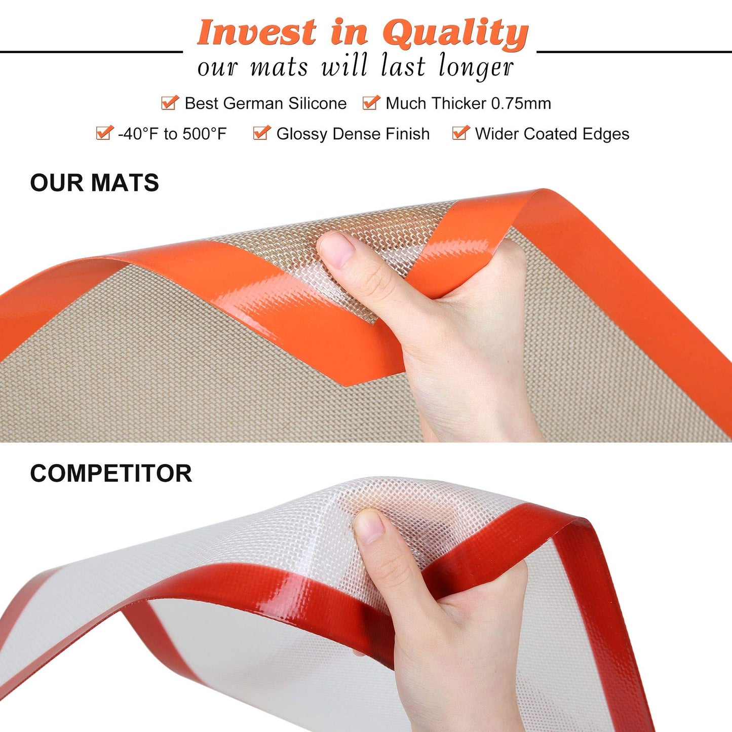 MMmat Silicone Baking Mat - Best German Silicone - Non Slip Silicone Baking Sheet, Non Stick Reusable Silicone Mats for Baking, Oven Liner, Counter Mat - Half + Medium + Quarter Baking Sheets Set