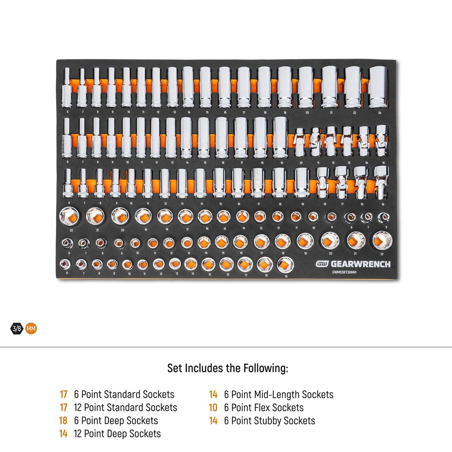 GEARWRENCH 104 Piece 3/8” Drive Master Metric Socket Set in Foam Storage Tray - GWMSSKT38MM