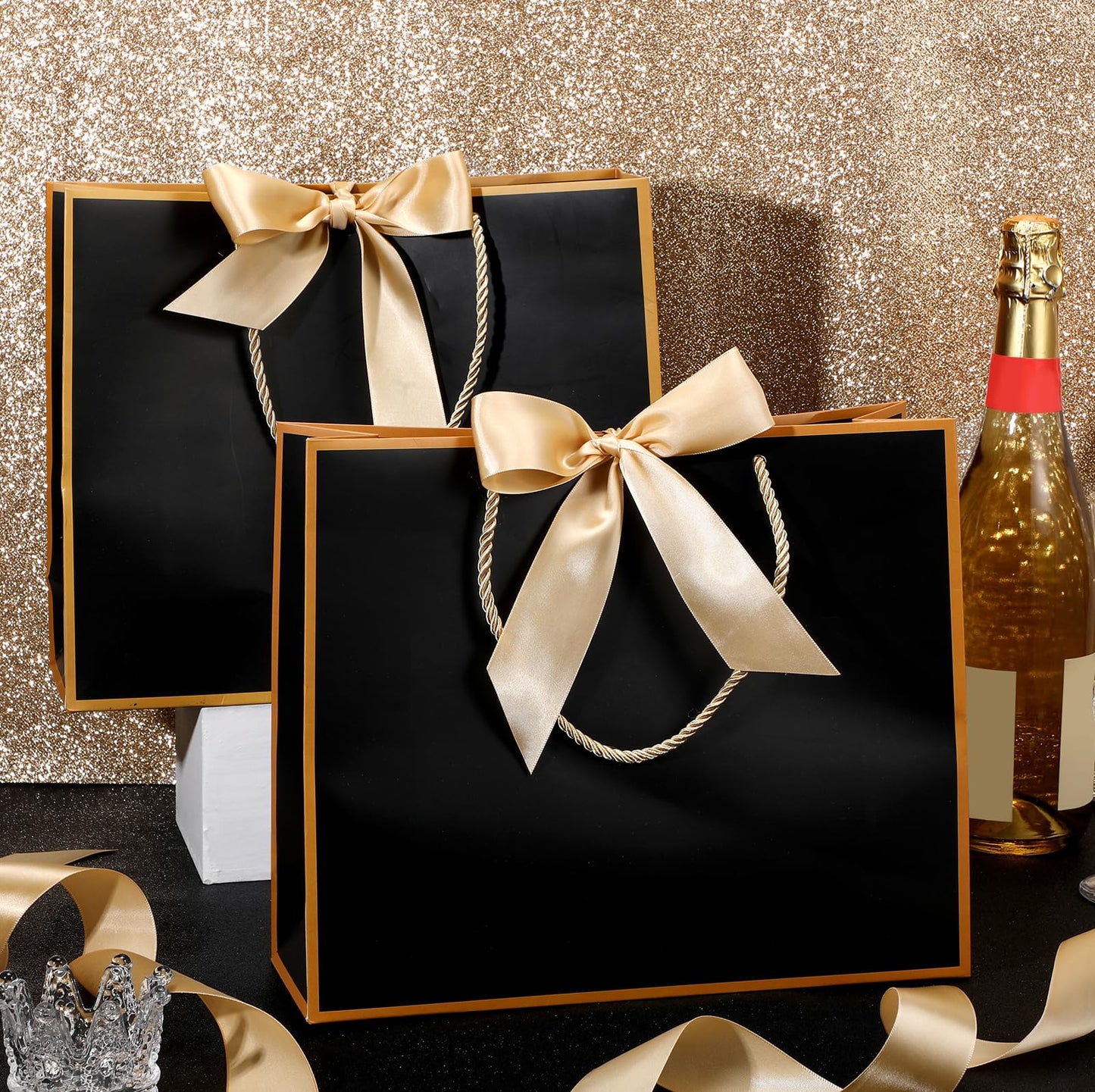 Silkfly 12 Pcs Thank You Gift Bags with Handle 12x10x4'' Welcome Elegant Gifts Bag with Bow Ribbon for Mother's Day Wedding Graduation Bridesmaid Baby Shower Birthday Housewarming (Black)