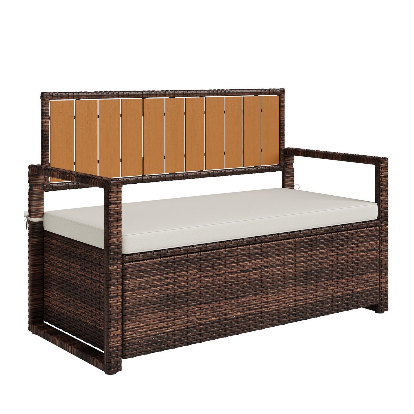 75 Gallon Outdoor Storage Bench, All-Weather PE Rattan Deck Box with Seat, Wicker Patio Furniture for Cushions, Garden Tools, Pool Accessories, Water-Resistant and Durable (Brown White)