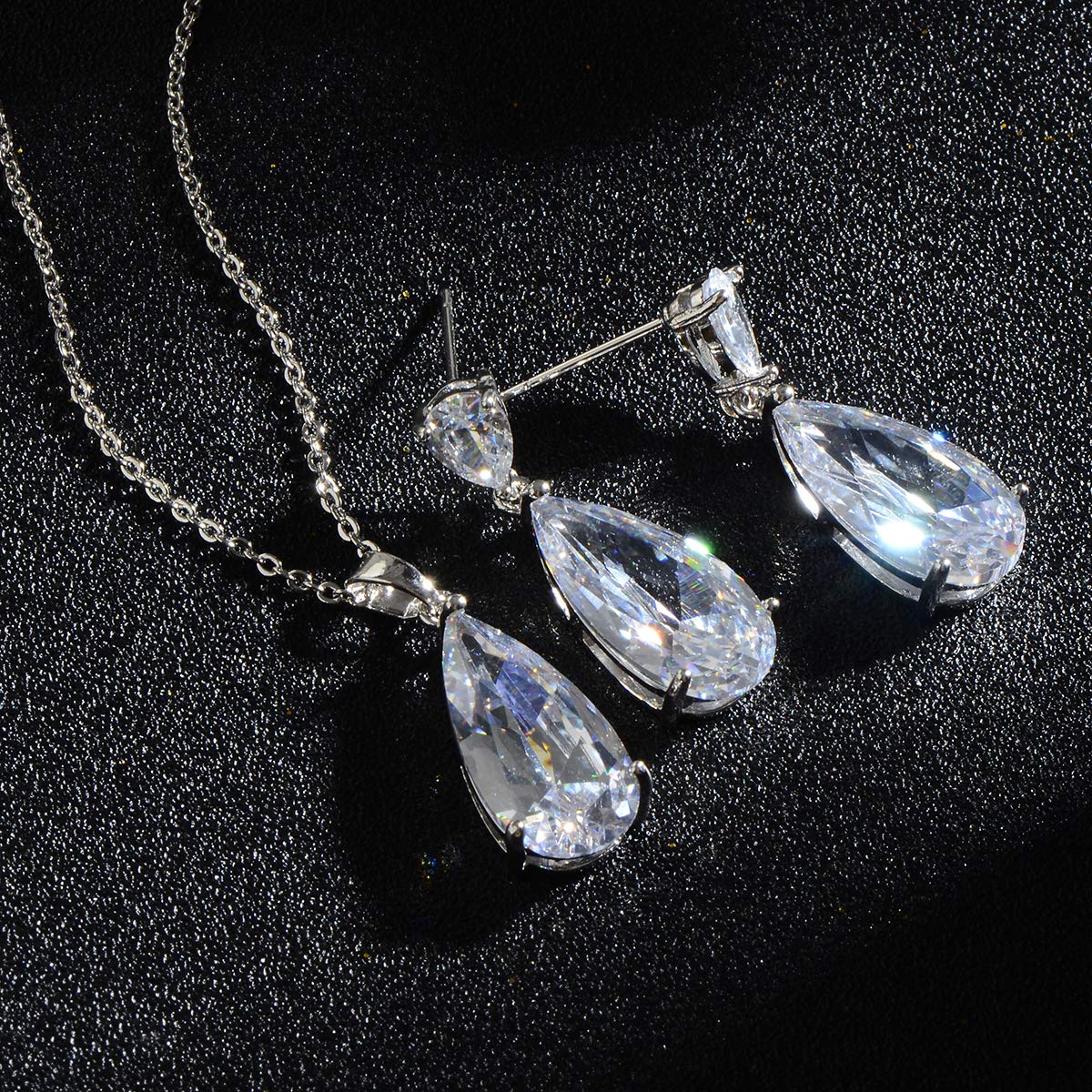 Mycitta Bridal Jewelry Set for Wedding Silver Teardrop Cubic Zirconia Crystal CZ Necklace Earrings Set for Bride Bridesmaids Mother of Bride Prom Party Women Costume Jewelry