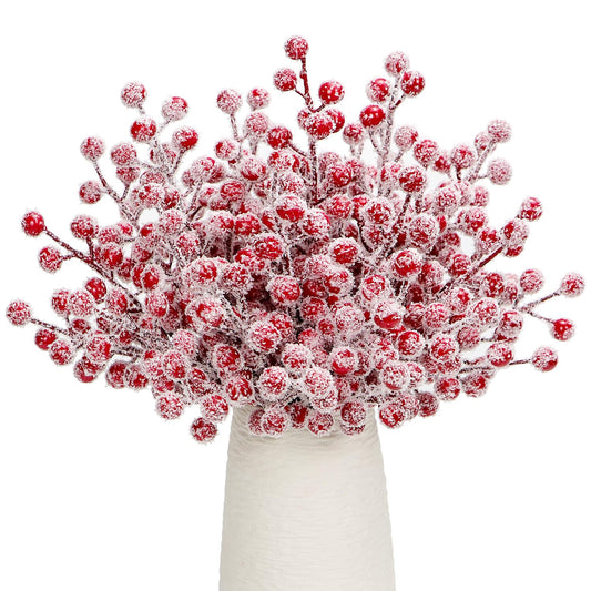 24Pcs Artificial Berry Picks Snow Sprays Christmas Frosted Holly Berry Stems Twigs Winter Branches for Christmas Tree Fillers Decor Holiday Arrangement Wreaths Garland Crafts DIY Ornaments (Red)
