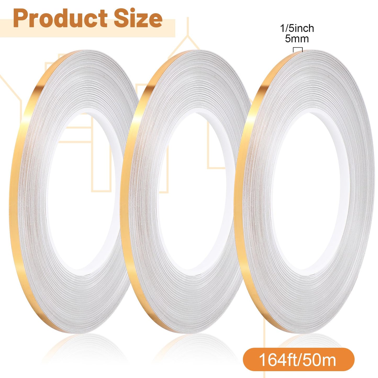 Zonon 3 Rolls 0.2" 0.4" 0.6" Gold Washi Tape 54.7 Yard Solid Foil Self Adhesive Polyester Film Metallic Tape for Detailing Graphic Arts for Crafts Walls Cars and Boats Trim(0.2'')
