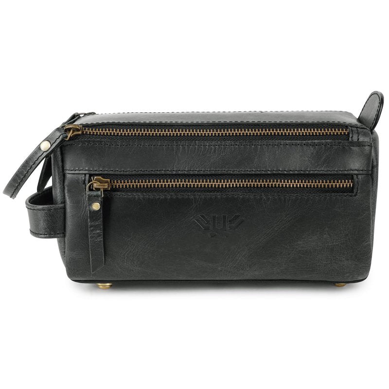LushLuxeoria Premium Handmade Leather Toiletry Bags for Men and Women, Genuine Leather Dopp Kit and Shaving Bag for Men, Travel Cosmetic Bag for Women's and Men's, Zipper Pocket, Black
