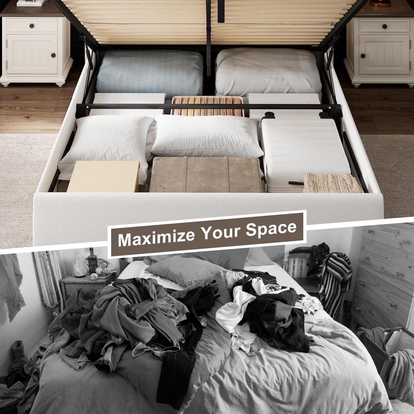 Einhomn Full Size Lift Up Storage Bed with Wingback Headboard, Upholstered Velvet Bed Frame with Heavy Duty Wooden Slat Support, Hydraulic Storage, Noise Free, Easy Assembly, White