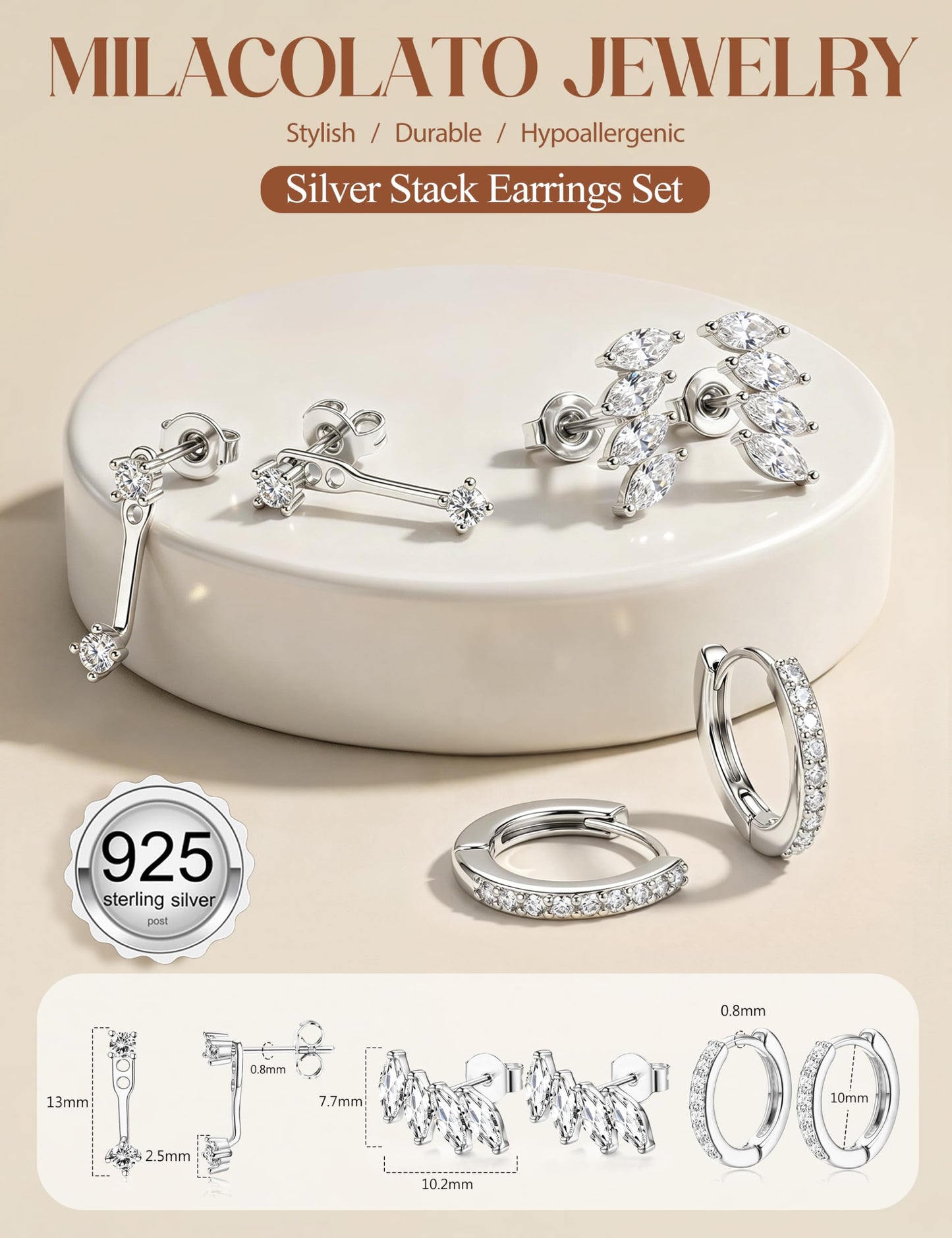 MILACOLATO 925 Sterling Silver Earrings for Women, Sterling Silver Filled Small Huggie Hoop Earrings Sets for Multiple Piercing Hypoallergenic Jewelry, CZ Cartilage Earrings Stacks Trendy Jewelry Gifts, 3 Pairs-E
