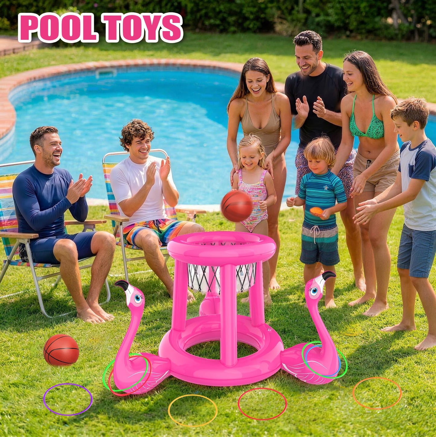 H-Style Pool Toys Pool Floats Pool Games for Kids Adult, Inflatable Pool Basketball Hoop & Ring Toss Game, 2-in-1 Pool Floating Outdoor Party Water Toy for Adults Family Kids Ages 4-8-12 (Pink-1)