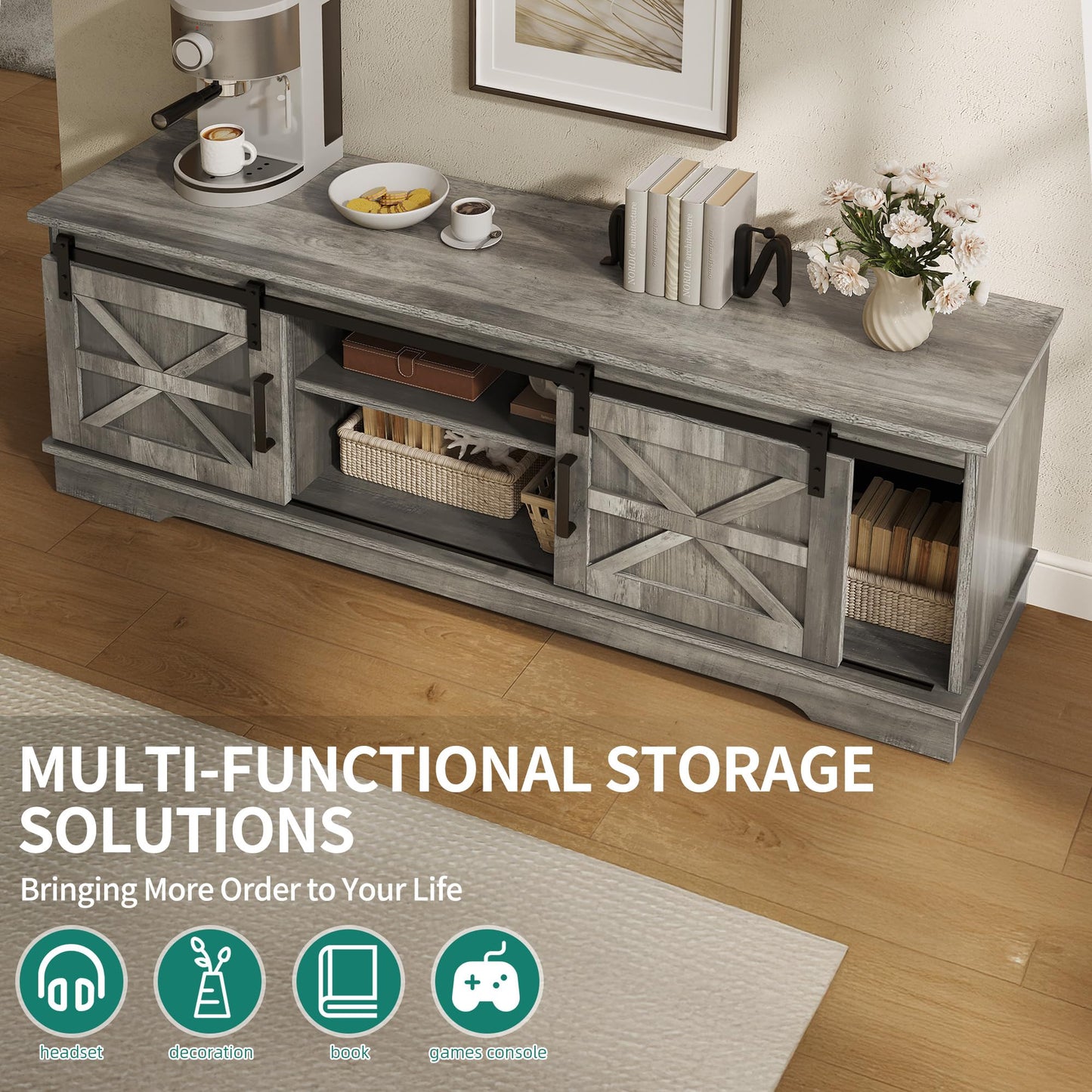 YITAHOME Farmhouse TV Stand for Living Room with Mount, Entertainment Center with 3 Height Adjustment for 32-70 inch TVs, Media Console Cabinet with Sliding Barn Door, Grey