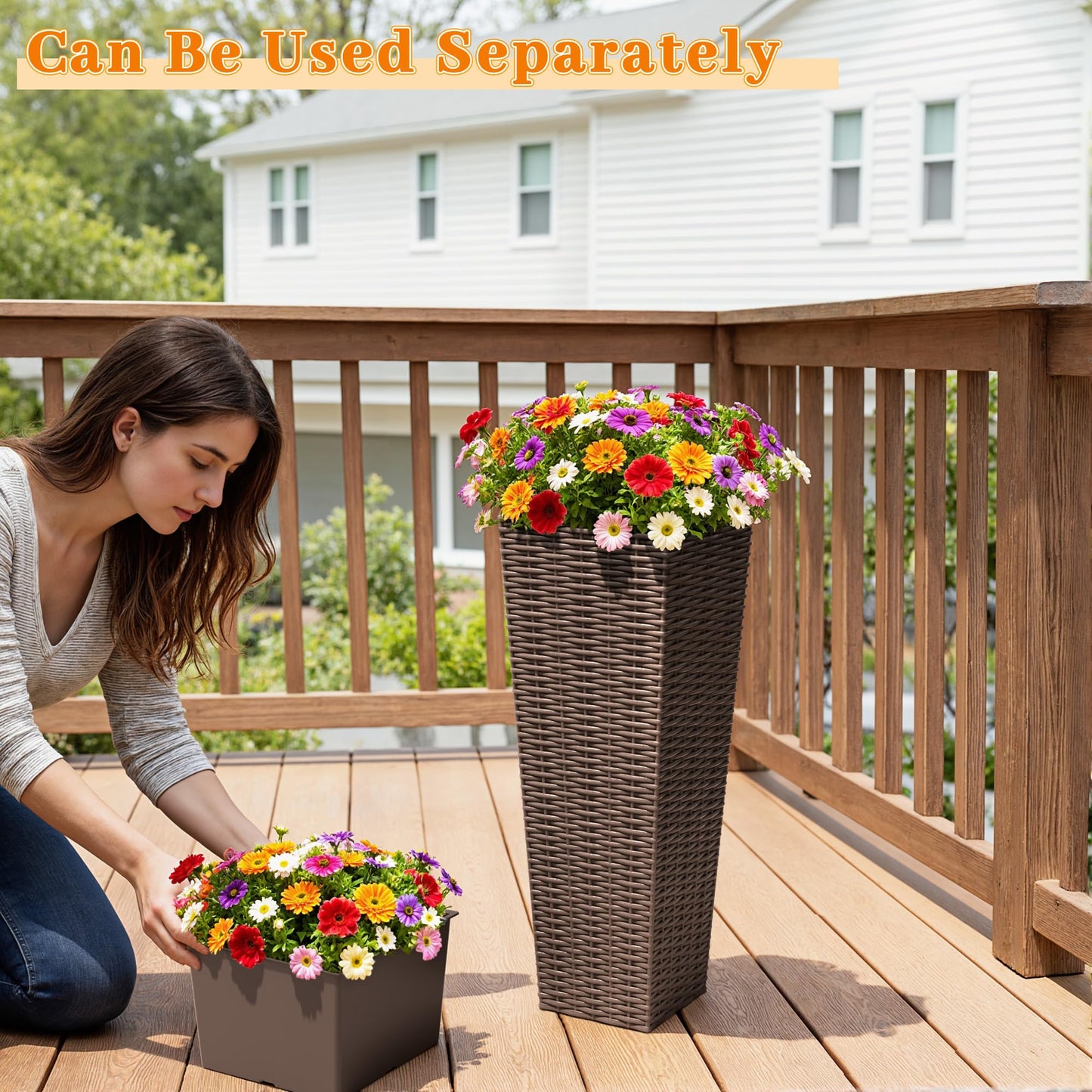 Greesum 24 Inch Tall Plastic Planters with Rattan Texture – Set of 2, Detachable Inner Pot & Drainage Holes, Indoor/Outdoor Decorative Flower Pots for Large Plants, Trees, Patio, and Garden, Brown