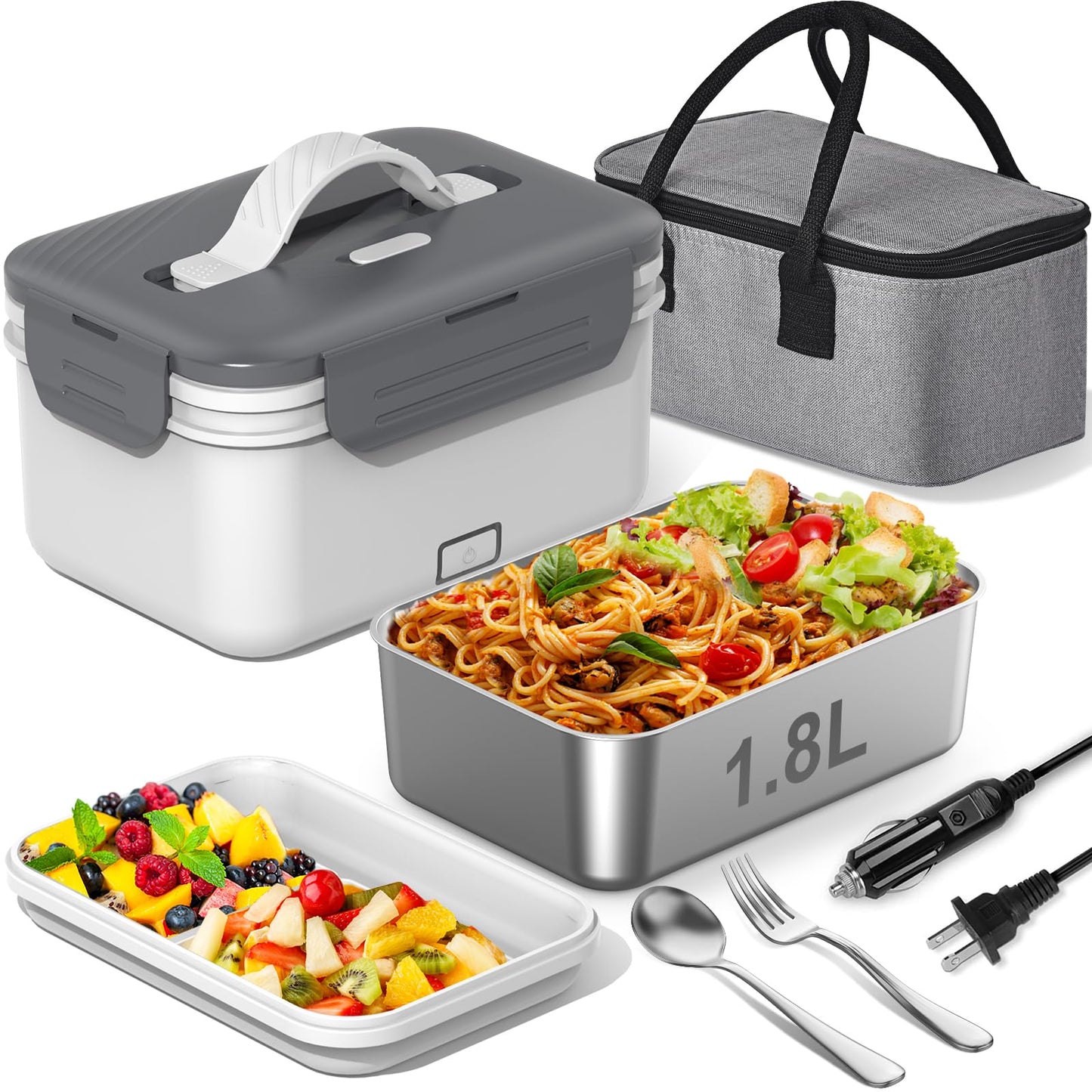 Electric Heated Lunch Box for Car Truck Home 1.8L 100W Portable Food Warmer with 12V/24V/110V/220V Hot Meal for Work Travel Jobsite Camping Christmas Gifts White Elephant Gifts for Adults/Men/Woman