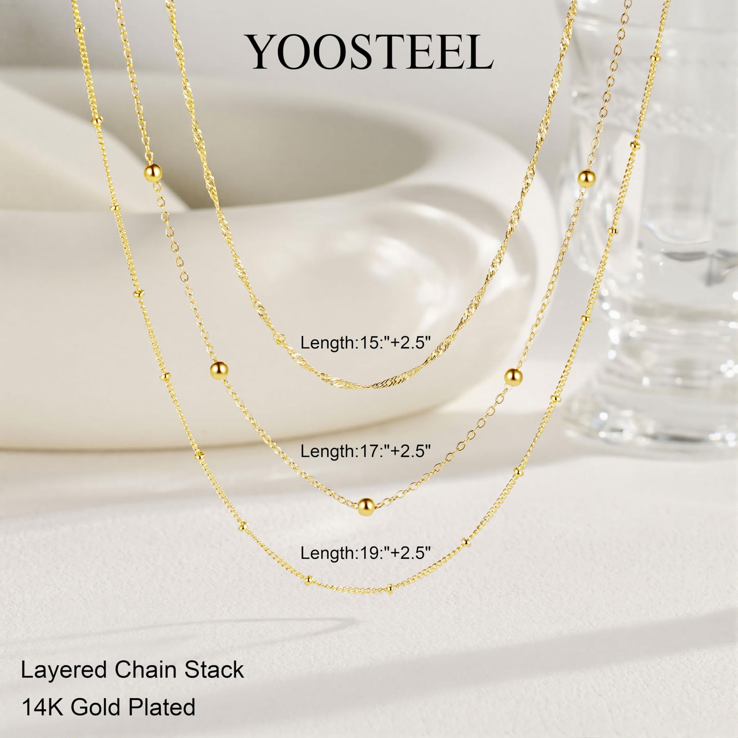 Yoosteel Layered 14k Gold Plated Necklace for Women,Dainty Ball Link Simple Thin Satellite Chain Wave Choker Necklaces Set Stack Trendy Jewelry Gifts for Women
