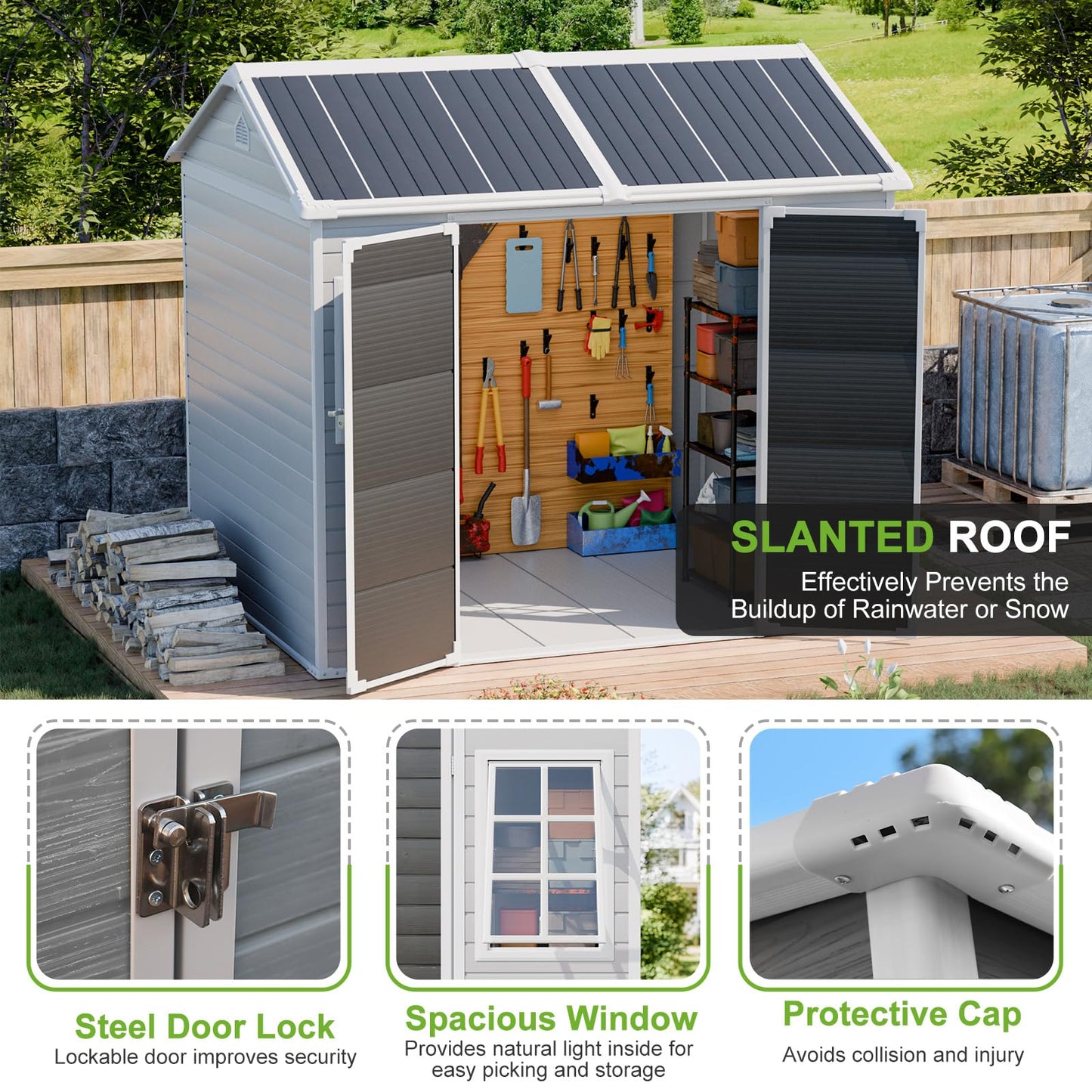 8x6 Shed, Heavy-Duty Outdoor Storage Shed with Floor, Waterproof Plastic Resin Garden Shed for Backyard, Tool Storage with Lockable Double Doors Awning Windows