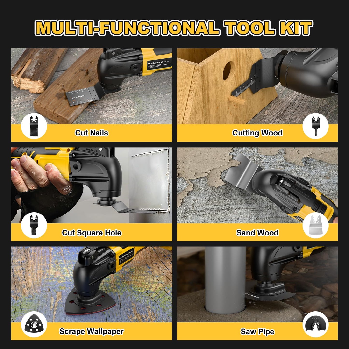 Cordless Oscillating Tool for Dewalt 20V Battery,6 Variable Speed Brushless-Motor Tool,22Pcs Oscillating Multi Tool Kit for Cutting Wood Drywall Nails Remove Grout & Sanding(Tools Only)