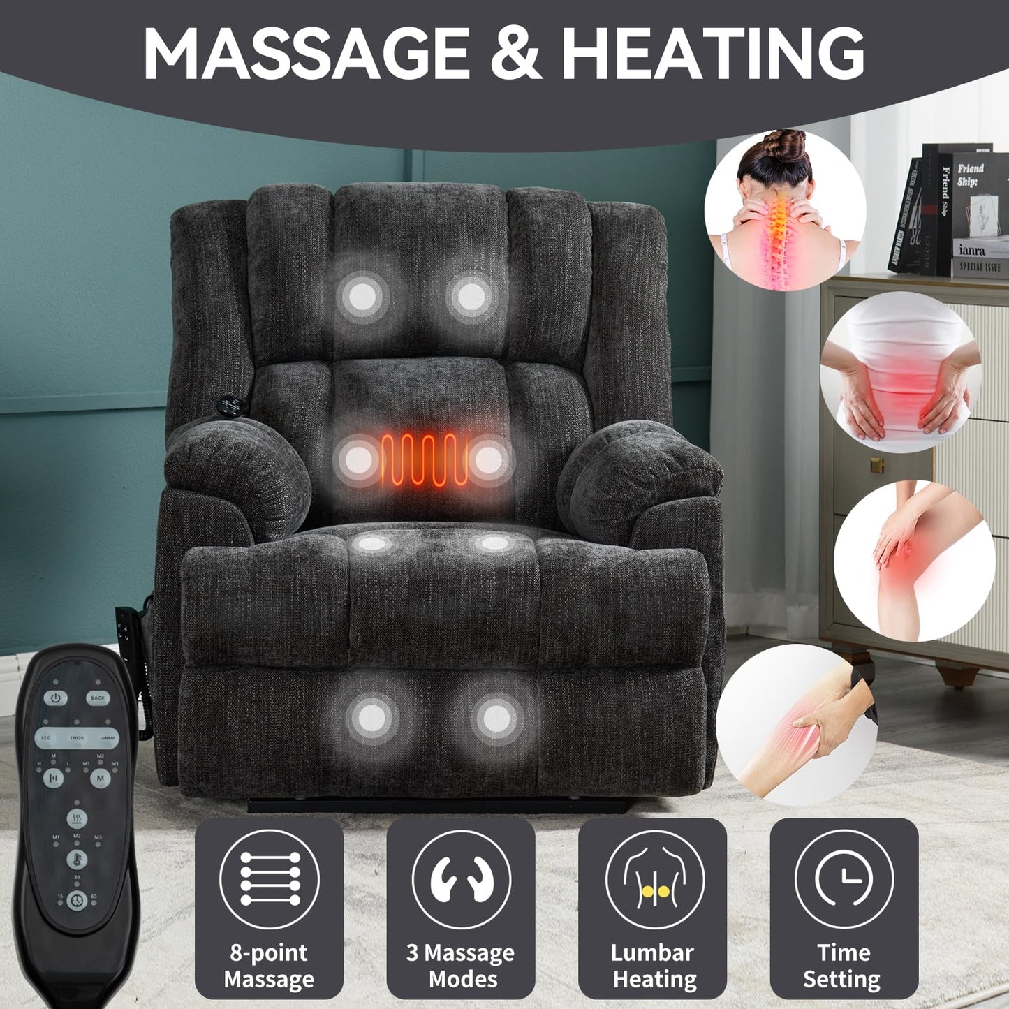 KEIKI Dual Motor Power Lift Recliner Chair with Massage and Heat, Cushion Back Design, Heavy Duty Up to 350 LBS